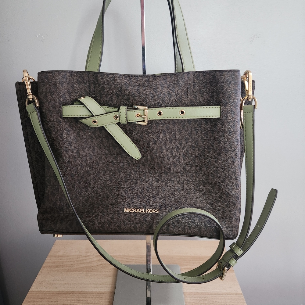 Michael Michael Kors Emilia Large Logo Satchel in a brown and sage